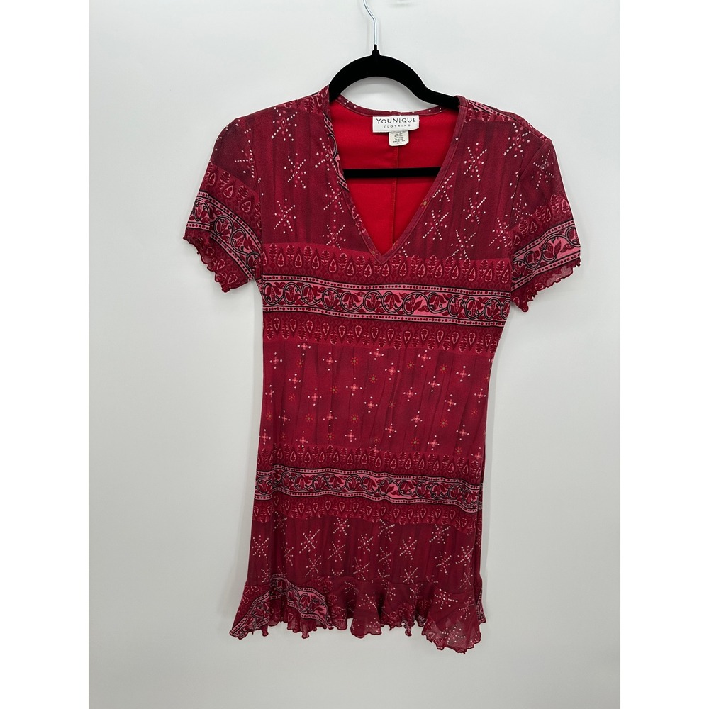 Younique Y2K Mesh Fairy Grunge Boho Mini Dress Red Pink Sheer Ruffle USA Sz S
